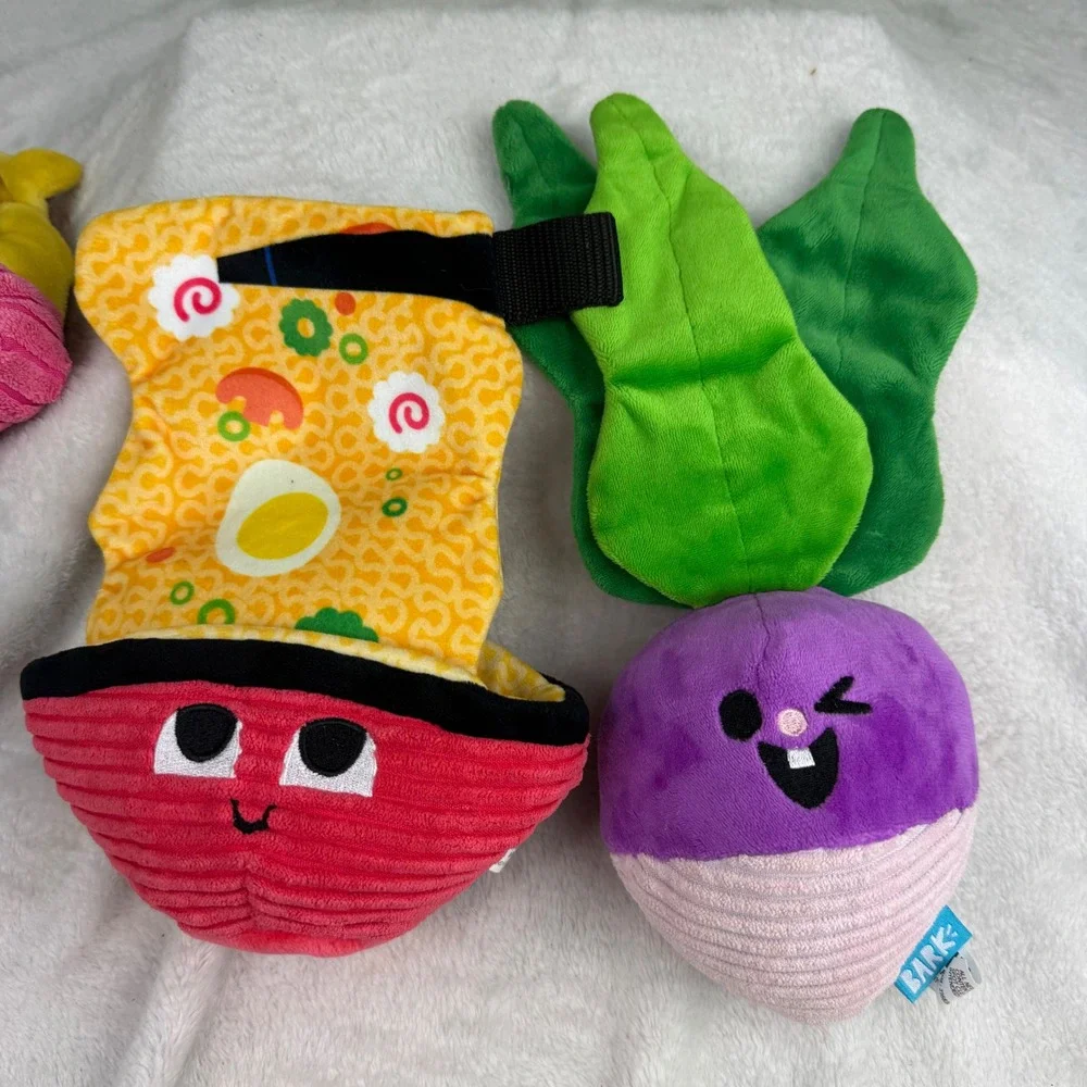BARK Dog Toy Lot 7pc Plush Squeaker Pizza Ramen Arcade Wizard Remote Turnip
